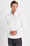 Erkek Slim Fit Dar Kesim Pamuklu Yarım Fermuarlı Dik Yaka Beyaz Sweatshirt