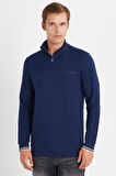 Erkek Slim Fit Dar Kesim Pamuklu Yarım Fermuarlı Dik Yaka Lacivert Sweatshirt