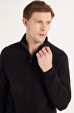 Erkek Slim Fit Dar Kesim Pamuklu Selanik Kumaş Yarım Fermuarlı Siyah Dik Yaka Sweatshirt
