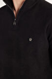 Erkek Slim Fit Dar Kesim Pamuklu Selanik Kumaş Yarım Fermuarlı Siyah Dik Yaka Sweatshirt