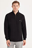 Erkek Slim Fit Dar Kesim Pamuklu Selanik Kumaş Yarım Fermuarlı Siyah Dik Yaka Sweatshirt