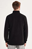 Erkek Slim Fit Dar Kesim Pamuklu Selanik Kumaş Yarım Fermuarlı Siyah Dik Yaka Sweatshirt