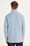 Erkek Slim Fit Dar Kesim Pamuklu Selanik Kumaş Yarım Fermuarlı Mavi Dik Yaka Sweatshirt