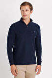 Erkek Slim Fit Dar Kesim Pamuklu Selanik Kumaş Yarım Fermuarlı Lacivert Dik Yaka Sweatshirt