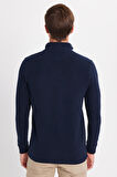 Erkek Slim Fit Dar Kesim Pamuklu Selanik Kumaş Yarım Fermuarlı Lacivert Dik Yaka Sweatshirt