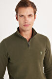 Erkek Slim Fit Dar Kesim Pamuklu Selanik Kumaş Yarım Fermuarlı Haki Dik Yaka Sweatshirt