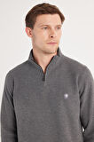 Erkek Slim Fit Dar Kesim Pamuklu Selanik Kumaş Yarım Fermuarlı Antrasit Dik Yaka Sweatshirt