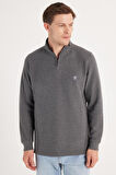 Erkek Slim Fit Dar Kesim Pamuklu Selanik Kumaş Yarım Fermuarlı Antrasit Dik Yaka Sweatshirt
