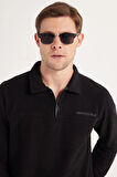 Erkek Standart Fit Pamuklu Selanik Kumaş Yarım Fermuarlı Polo Yaka Baskılı Siyah Sweatshirt