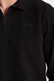 Erkek Standart Fit Pamuklu Selanik Kumaş Yarım Fermuarlı Polo Yaka Baskılı Siyah Sweatshirt