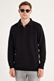 Erkek Standart Fit Pamuklu Selanik Kumaş Yarım Fermuarlı Polo Yaka Baskılı Siyah Sweatshirt