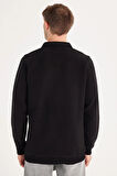 Erkek Standart Fit Pamuklu Selanik Kumaş Yarım Fermuarlı Polo Yaka Baskılı Siyah Sweatshirt
