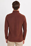 Erkek Slim Fit Dar Kesim Pamuklu Selanik Kumaş Yarım Fermuarlı Kahverengi Dik Yaka Sweatshirt