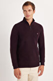 Erkek Slim Fit Dar Kesim Pamuklu Selanik Kumaş Yarım Fermuarlı Siyah Dik Yaka Sweatshirt