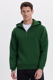 Unisex Relax Fit Rahat Kesim Pamuklu İçi Polarlı Yarım Fermuarlı Yeşil Kapüşonlu Sweatshirt