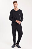 Erkek Standart Fit %100 Pamuk V Yaka Beli Lastikli Siyah Pijama Takımı