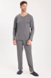 Erkek Standart Fit %100 Pamuk V Yaka Beli Lastikli Gri Pijama Takımı