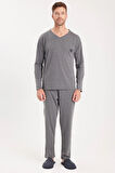 Erkek Standart Fit %100 Pamuk V Yaka Beli Lastikli Gri Pijama Takımı