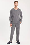 Erkek Standart Fit %100 Pamuk V Yaka Beli Lastikli Gri Pijama Takımı