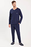 Erkek Standart Fit %100 Pamuk V Yaka Beli Lastikli Lacivert Pijama Takımı