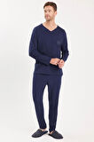 Erkek Standart Fit %100 Pamuk V Yaka Beli Lastikli Lacivert Pijama Takımı
