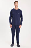 Erkek Standart Fit %100 Pamuk Bisiklet Yaka Beli Lastikli Lacivert Pijama Takımı