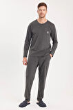 Erkek Standart Fit %100 Pamuk Bisiklet Yaka Beli Lastikli Antrasit Pijama Takımı