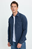 Erkek Slim Fit Dar Kesim  Armürlü Oduncu Cepli Spor Yaka İndigo Gömlek