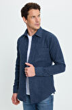 Erkek Slim Fit Dar Kesim  Armürlü Oduncu Cepli Spor Yaka İndigo Gömlek
