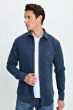 Erkek Slim Fit Dar Kesim  Armürlü Oduncu Cepli Spor Yaka İndigo Gömlek