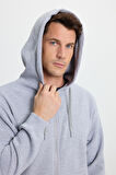 Unisex Relax Fit Rahat Kesim Pamuklu İçi Polarlı Çift Cepli Tam Fermuarlı Gri Kapüşonlu Sweatshirt