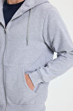Unisex Relax Fit Rahat Kesim Pamuklu İçi Polarlı Çift Cepli Tam Fermuarlı Gri Kapüşonlu Sweatshirt