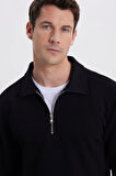 Erkek Relax Fit Rahat Kesim Pamuklu 3 İplik Fermuarlı Polo Yaka Siyah Sweatshirt