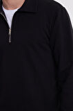Erkek Relax Fit Rahat Kesim Pamuklu 3 İplik Fermuarlı Polo Yaka Siyah Sweatshirt