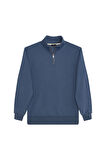 Unisex 3'lü Paket Lacivert-İndigo-Gri Relax Fit Pamuklu Yarım Fermuarlı Dik Yaka Sweatshirt