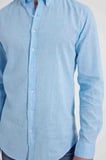 Erkek Slim Fit Dar Kesim Uzun Kollu Keten Premium Seri Düğmeli Yaka Spor Açık Mavi Gömlek