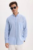 Erkek Regular Fit Klasik Kesim Oversize Pamuklu Keten Doku Düğmeli Yaka Mavi Gömlek