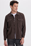 Erkek Regular Fit Rahat Kesim Çift Cep  Kapaklı Çıtçıtlı Kahverengi Gömlek