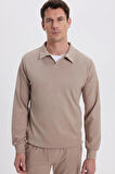 Erkek Relax Fit Rahat Kesim Polo V Yaka Vizon Sweatshirt