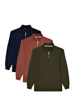 Unisex 3'lü Paket Lacivert-Kahverengi-Yeşil Relax Fit Pamuklu Yarım Fermuarlı Dik Yaka Sweatshirt