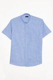 Erkek Regular Fit Klasik Kesim Oversize %100 Pamuk Keten Doku Tek Cepli Çizgili Kısa Kollu Mavi Gömlek