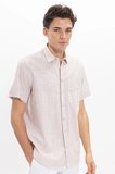 Erkek Regular Fit Klasik Kesim Oversize %100 Pamuk Keten Doku Tek Cepli Çizgili Kısa Kollu Bej Gömlek