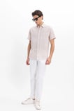 Erkek Regular Fit Klasik Kesim Oversize %100 Pamuk Keten Doku Tek Cepli Çizgili Kısa Kollu Bej Gömlek
