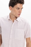 Erkek Regular Fit Klasik Kesim Oversize %100 Pamuk Keten Doku Tek Cepli Çizgili Kısa Kollu Bej Gömlek