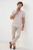 Erkek Regular Fit Klasik Kesim Oversize %100 Pamuk Keten Doku Tek Cepli Çizgili Kısa Kollu Bej Gömlek
