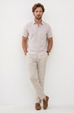 Erkek Regular Fit Klasik Kesim Oversize %100 Pamuk Keten Doku Tek Cepli Çizgili Kısa Kollu Bej Gömlek
