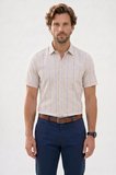 Erkek Regular Fit Klasik Kesim Oversize %100 Pamuk Keten Doku Tek Cepli Çizgili Kısa Kollu Bej Gömlek