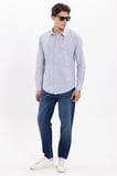 Erkek Slim Fit Dar Kesim %100 Pamuk Çizgili Uzun Kollu Keten Efektli Lacivert Gömlek