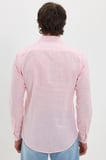 Erkek Slim Fit Dar Kesim %100 Pamuk Çizgili Uzun Kollu Keten Efektli Mercan Rengi Gömlek