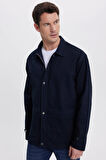 Erkek Relax Fit Rahat Kesim %100 Pamuk Çift Cepli Fermuarlı Lacivert Mont Gömlek